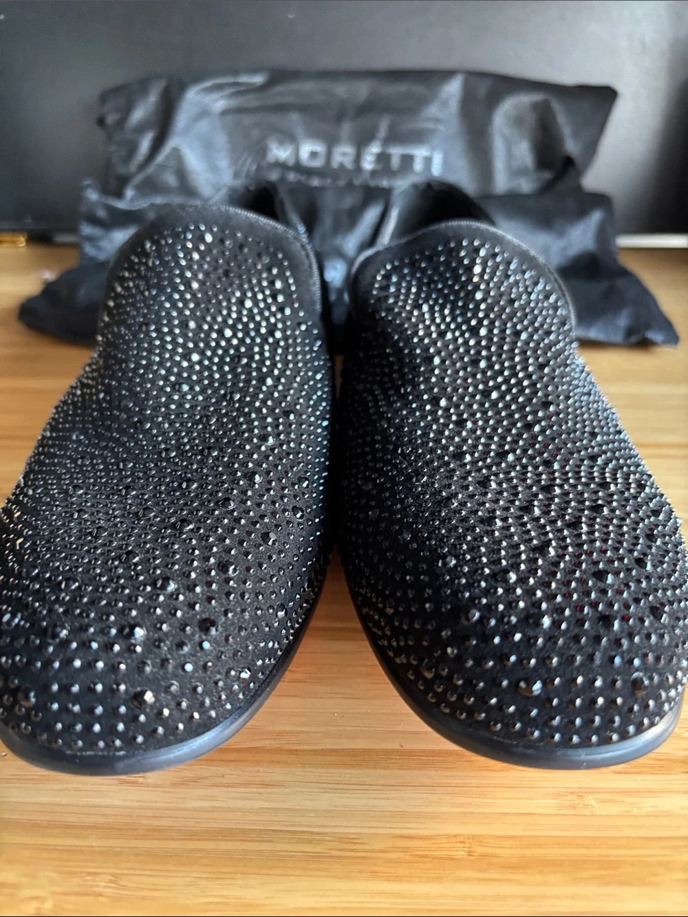 Moretti Black Label black rhinestone-studded smoking loafers 8.5